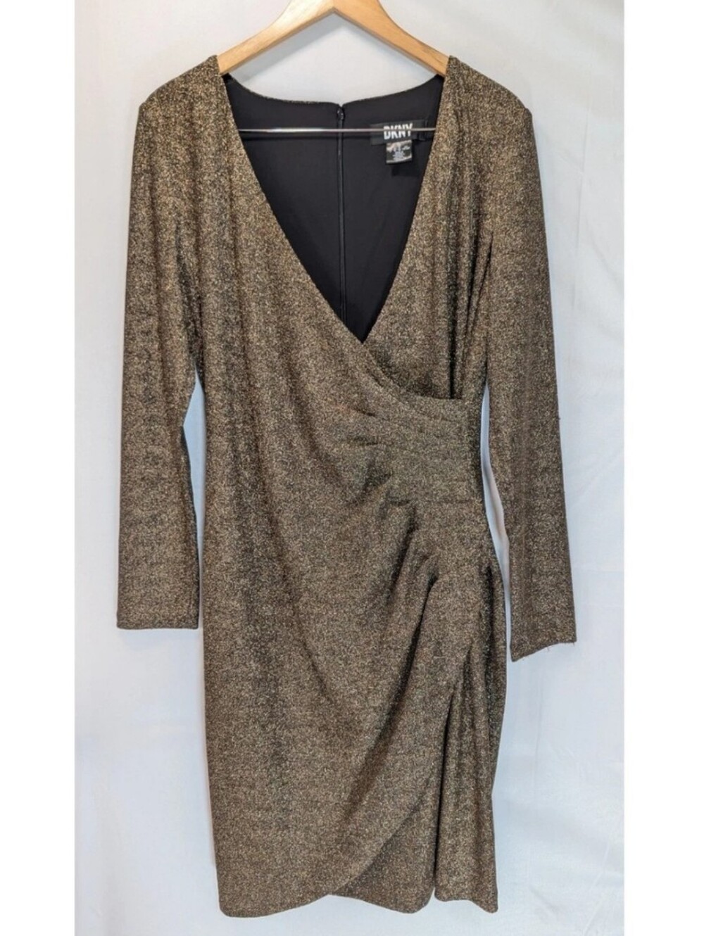 DKNY Metallic Bronze Long-Sleeve Wrap Dress. SIZE 10